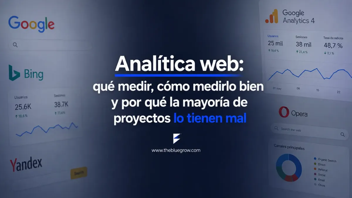 Comparativa visual de un sistema de analítica web: a la izquierda, un navegador de google y conectores activos hacia iconos de usuario, carrito y conversión, representando datos limpios y fiables. A la derecha, un panel con las gráficas de google search console, en azul, simbolizando eventos duplicados, conversiones sin valor y tracking roto. Ilustración digital flat/isométrica sobre fondo blanco marino con grid tecnológico sutil.